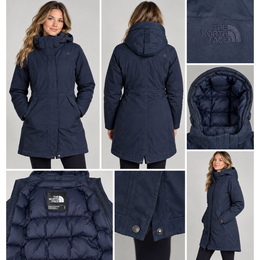 The North Face Arctic Parka Womens S P Navy Down Hooded Winter Coat *WRITING*